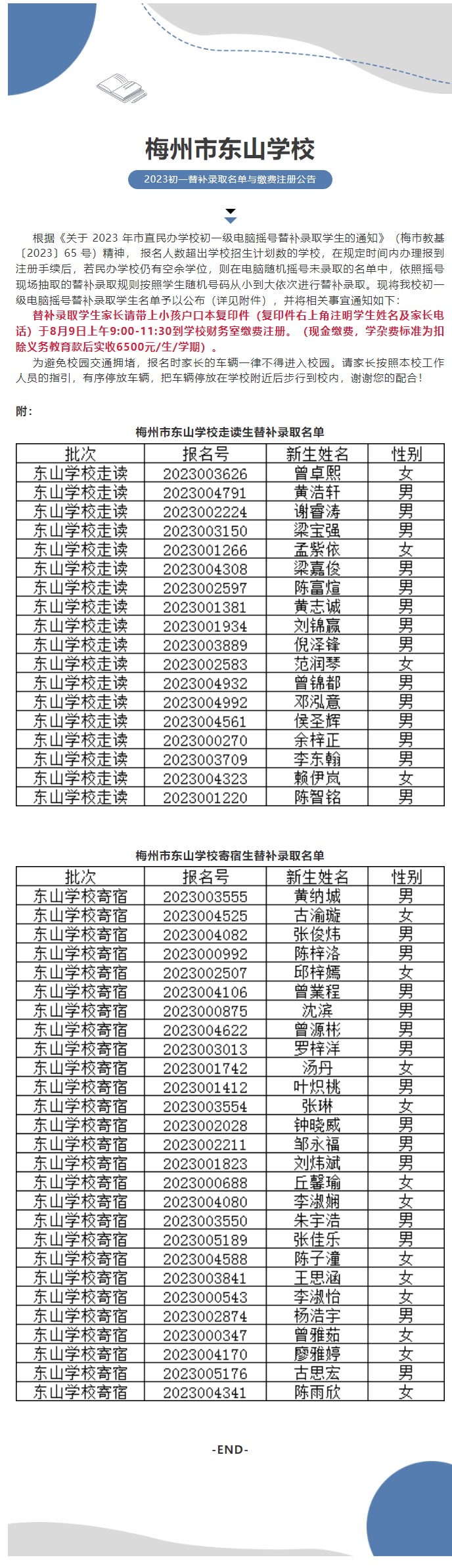 2023年秋季梅州市东山学校初一级电脑摇号替补录取学生名单及缴费注册公告